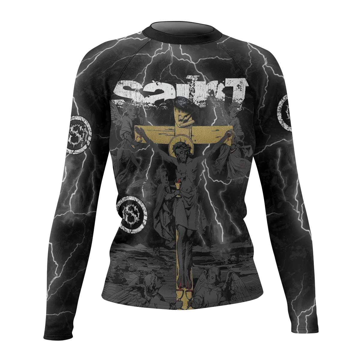 Crucified Saint Women’s Long Sleeve Rash Guard - front view mockup