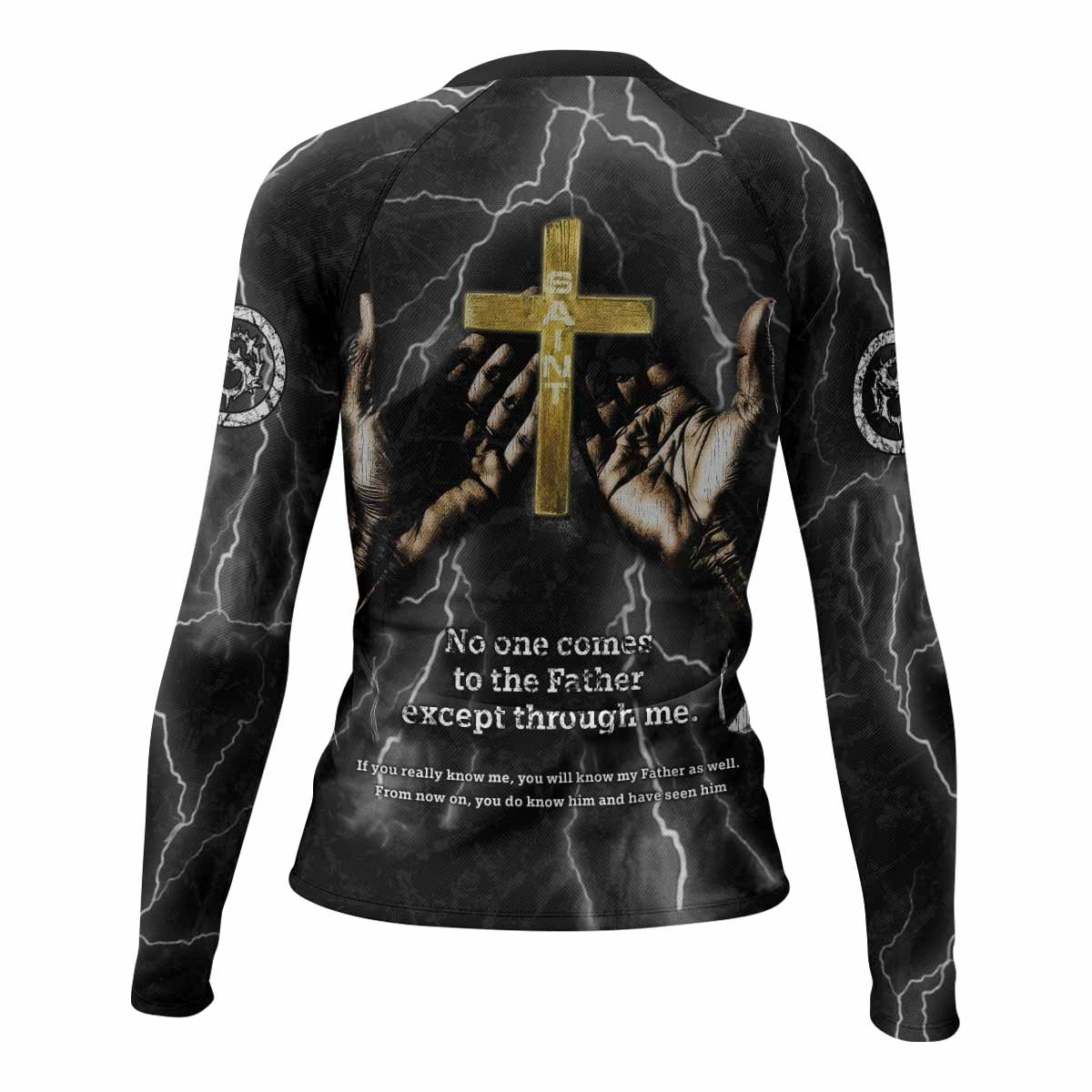 Crucified Saint Women’s Long Sleeve Rash Guard - back view mockup