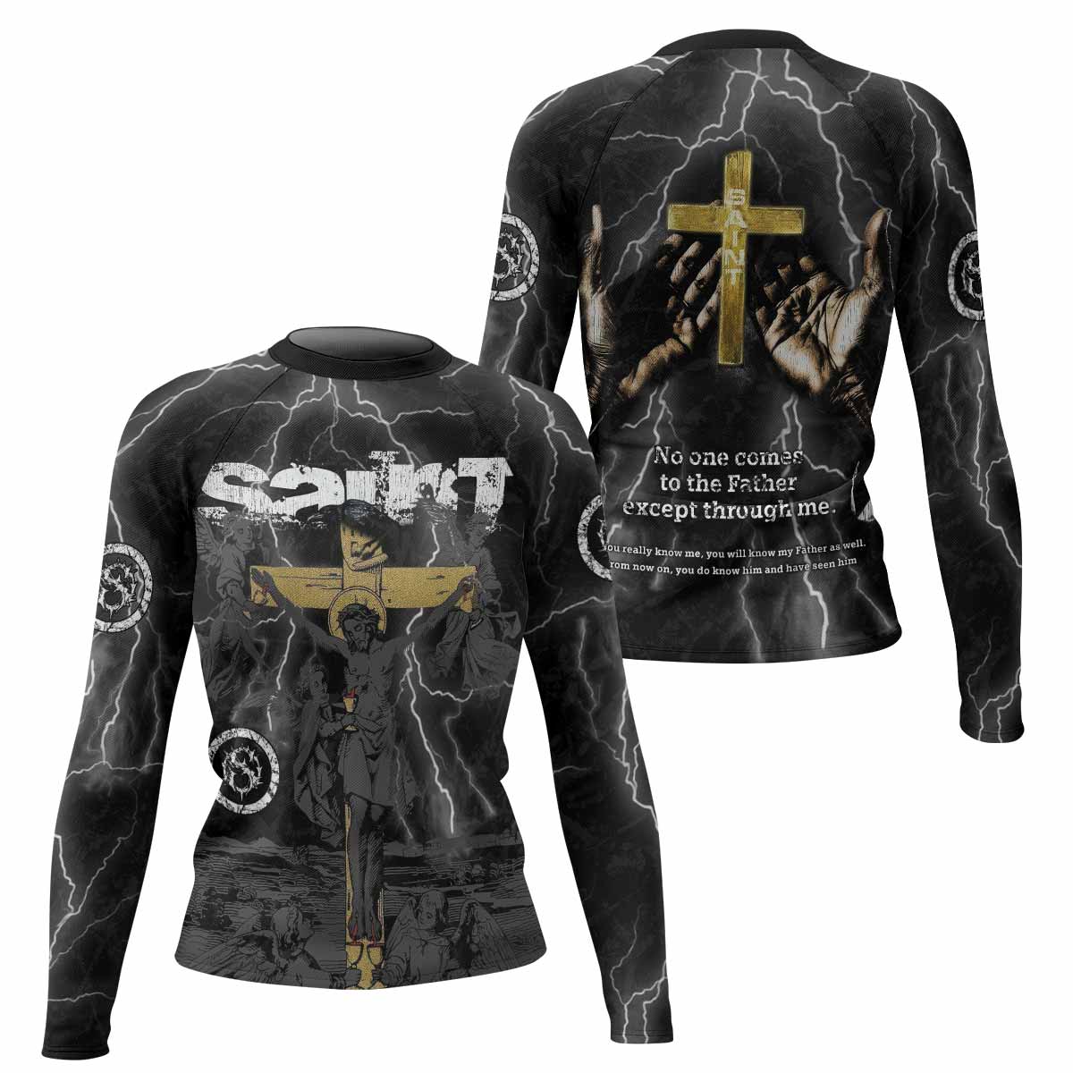 Crucified Saint Women’s Long Sleeve Rash Guard - front and back view