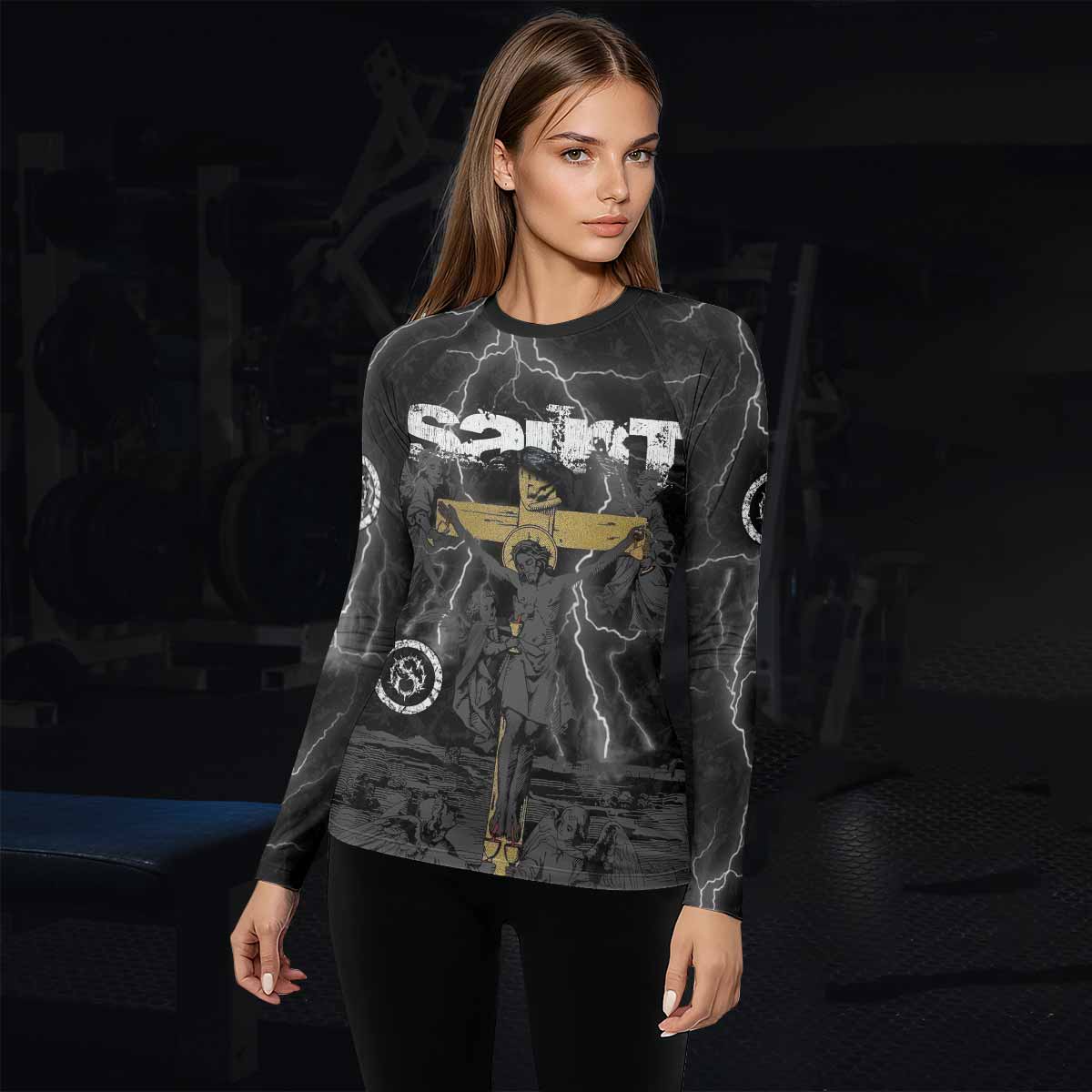 Crucified Saint Women’s Long Sleeve Rash Guard - lifestyle view