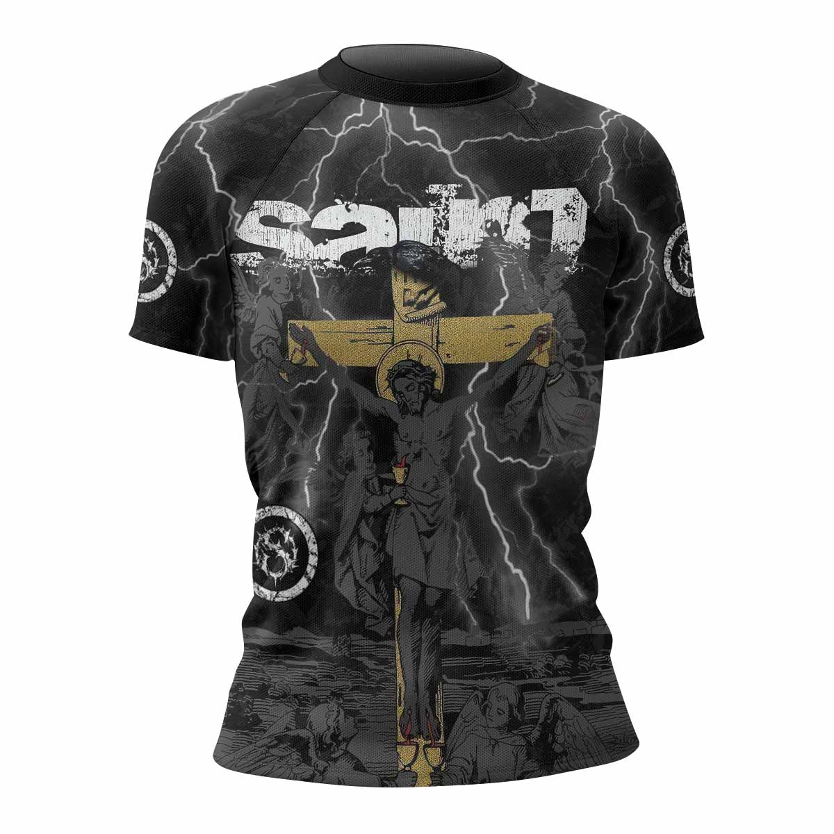 Crucified Saint Women’s Short Sleeve Rash Guard - front view mockup