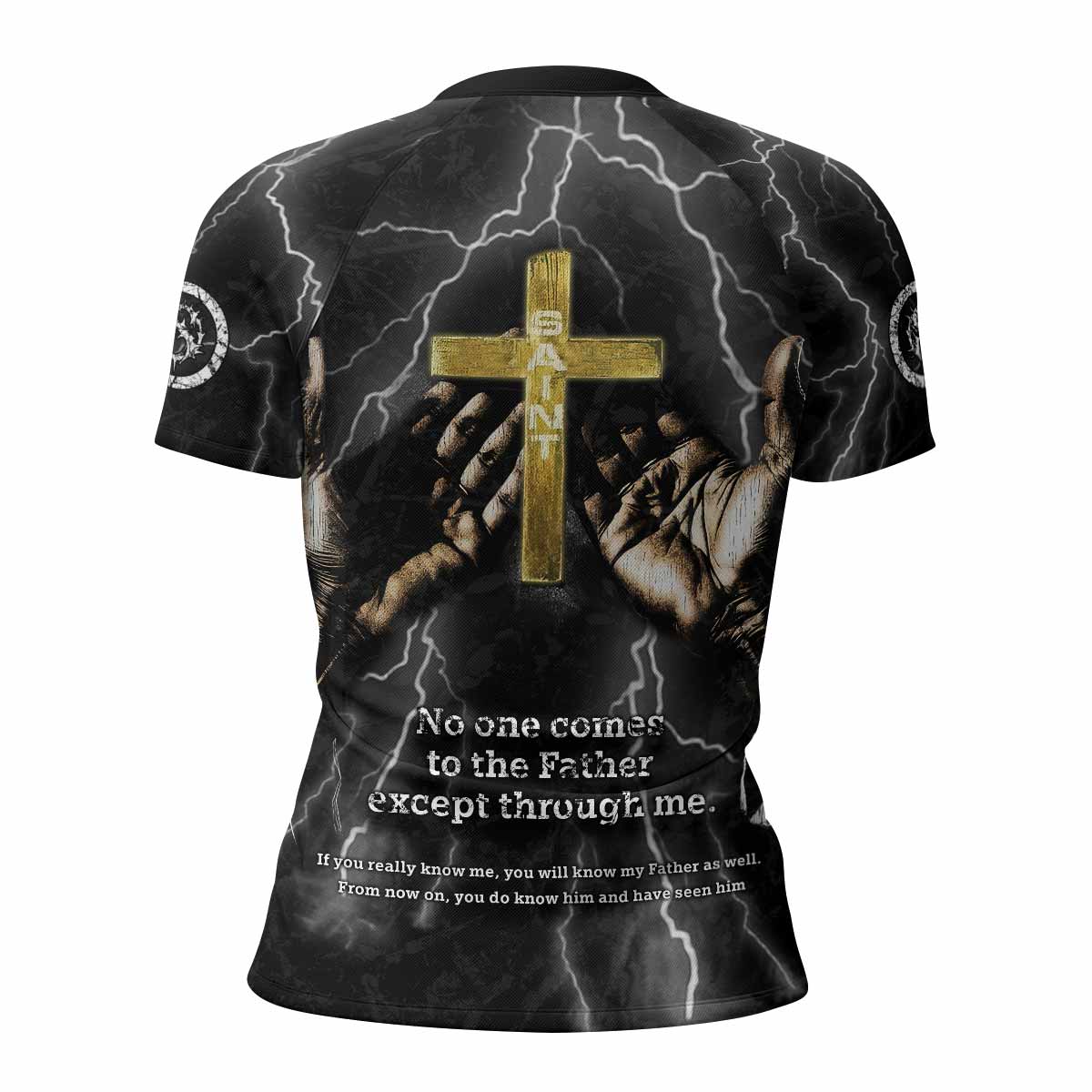 Crucified Saint Women’s Short Sleeve Rash Guard - back view mockup