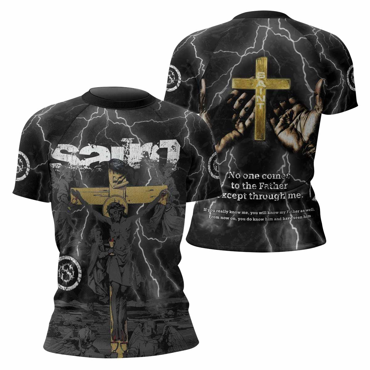Crucified Saint Women’s Short Sleeve Rash Guard - front and back view