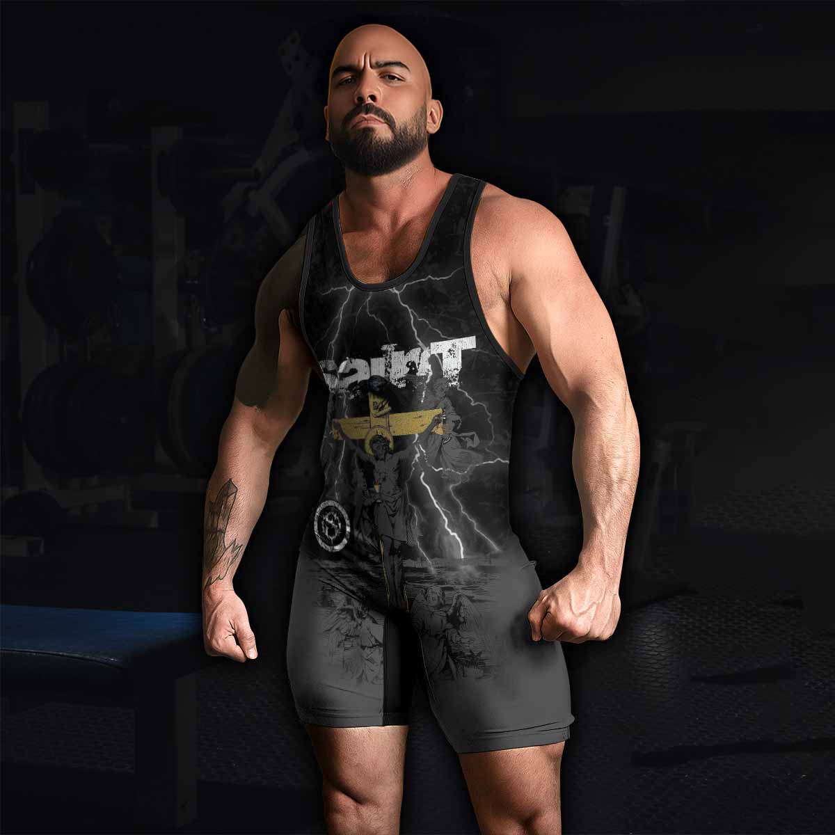 Crucified Saint Wrestling Singlet - men's lifestyle view