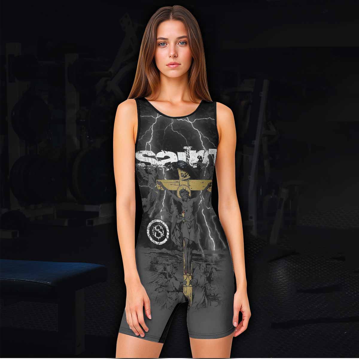 Crucified Saint Wrestling Singlet - women's lifestyle view