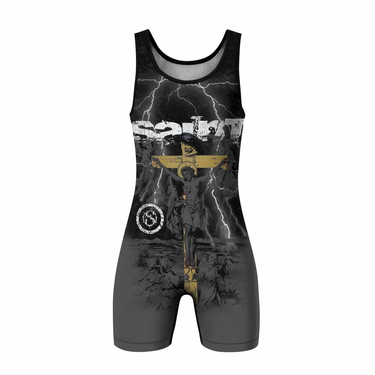 Crucified Saint Wrestling Singlet - front view mockup