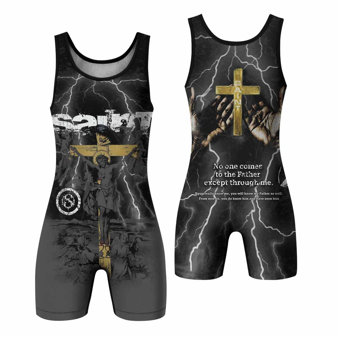 Crucified Saint Wrestling Singlet – front and back view