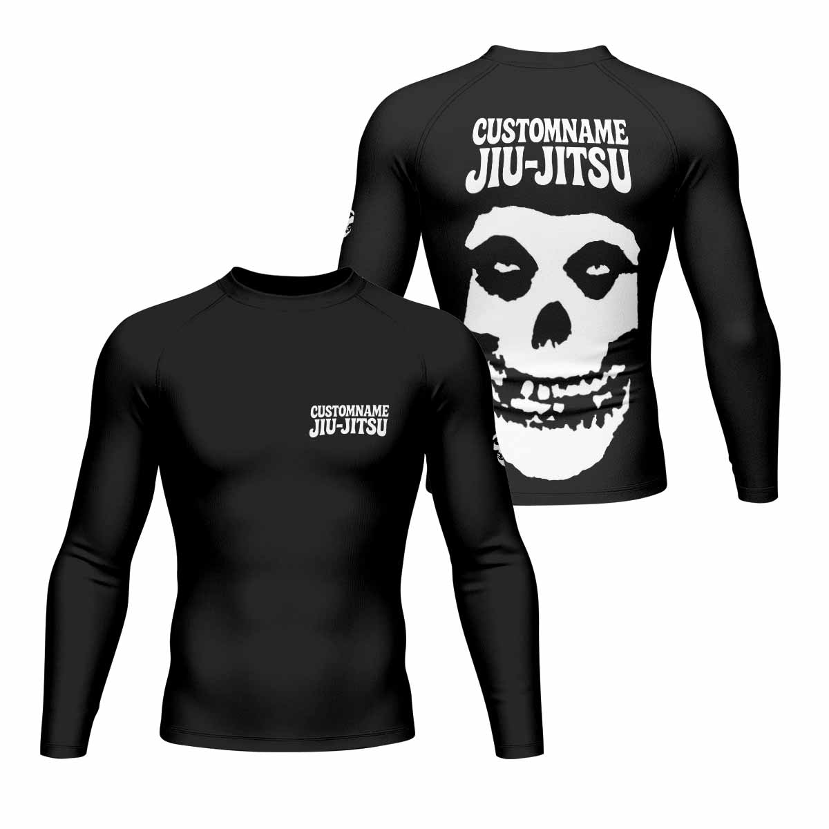 Custom Name Skull Jiu-Jitsu Men's Rash Guard Long Sleeve - front and back view