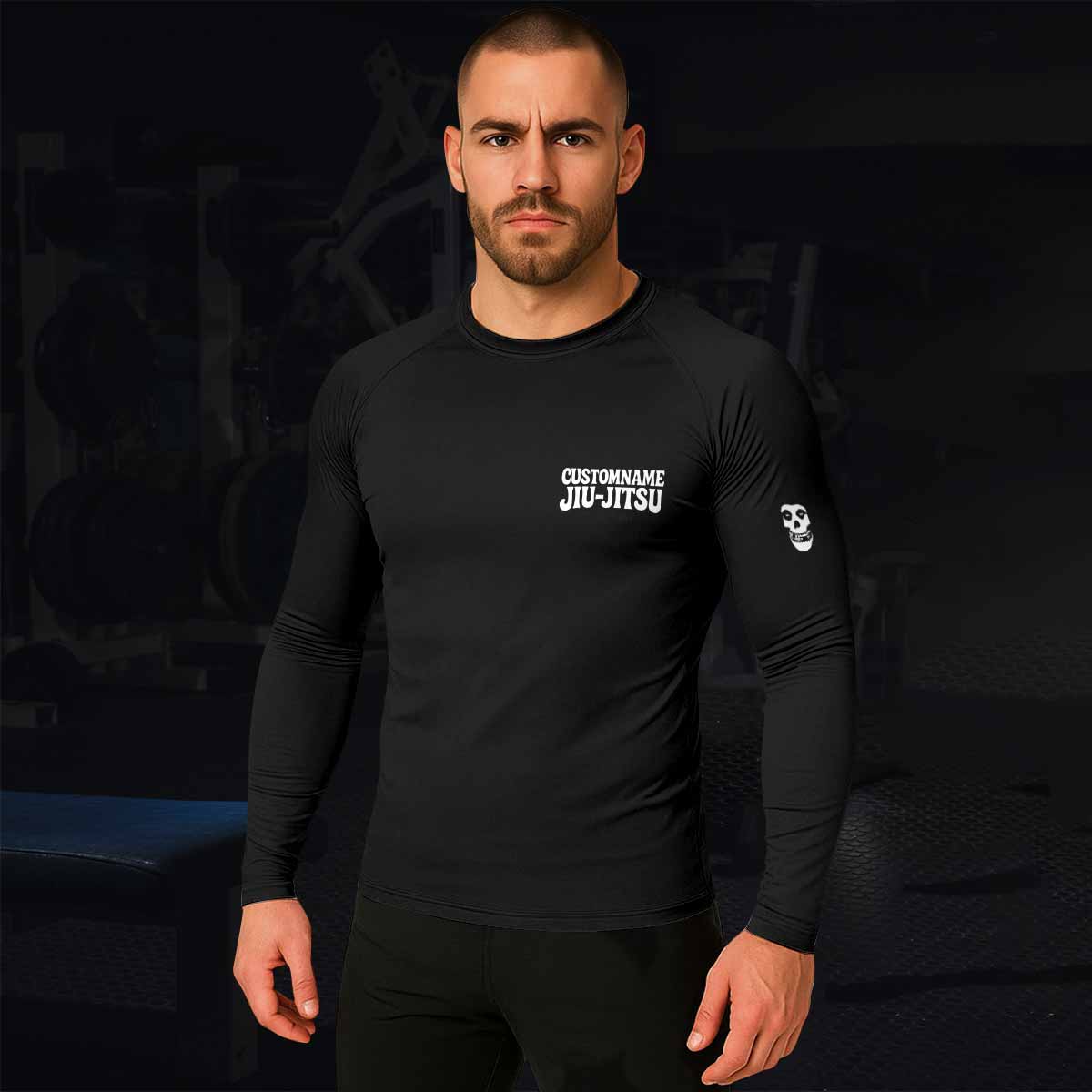 Custom Name Skull Jiu-Jitsu Men's Rash Guard Long Sleeve - lifestyle view