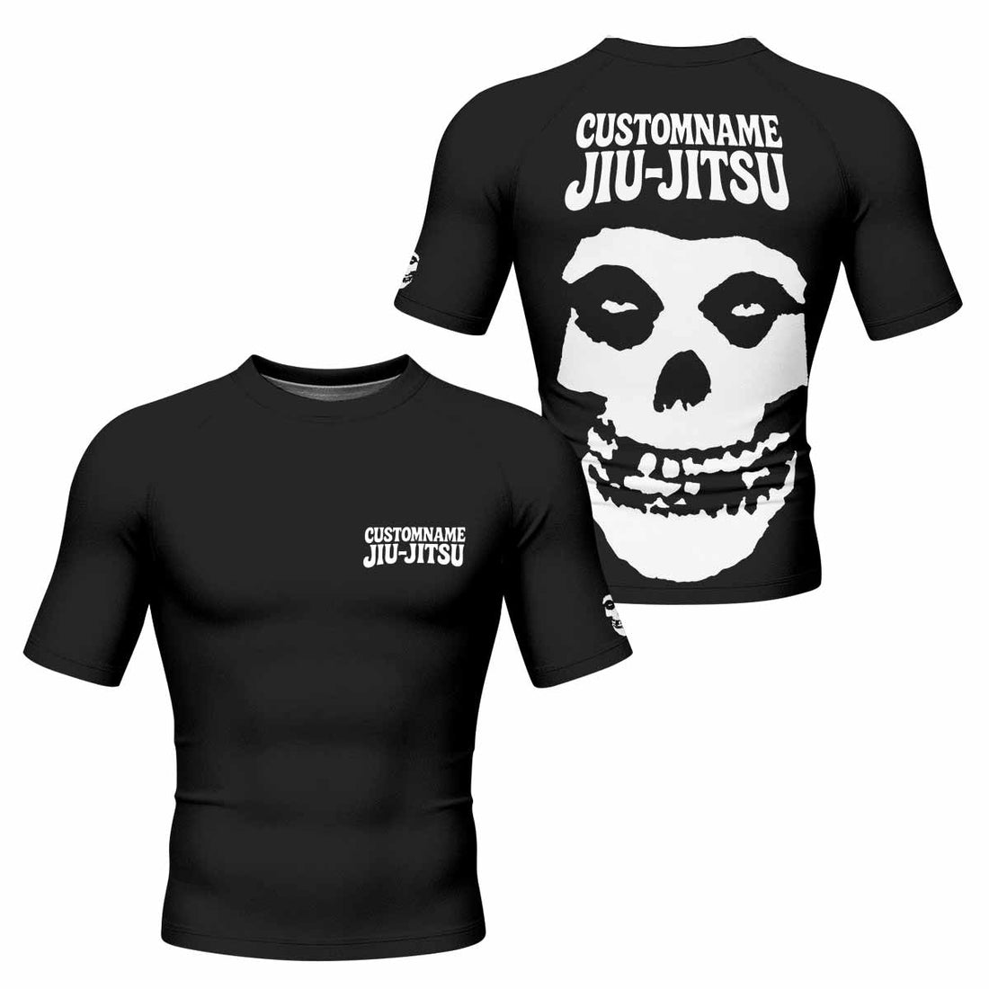Custom Name Skull Jiu-Jitsu Men's Rash Guard Short Sleeve - front and back view