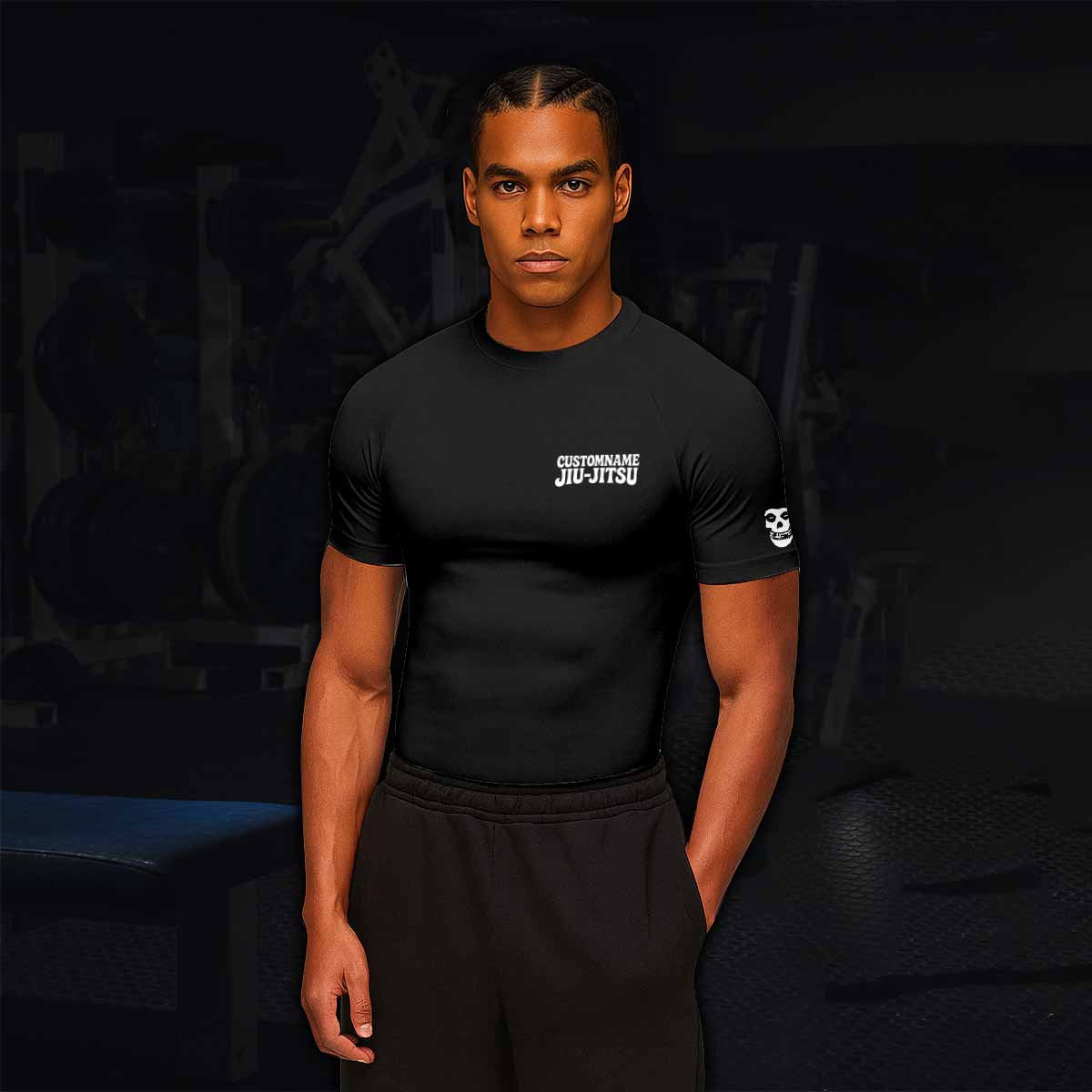 Custom Name Skull Jiu-Jitsu Men's Rash Guard Short Sleeve - lifestyle view