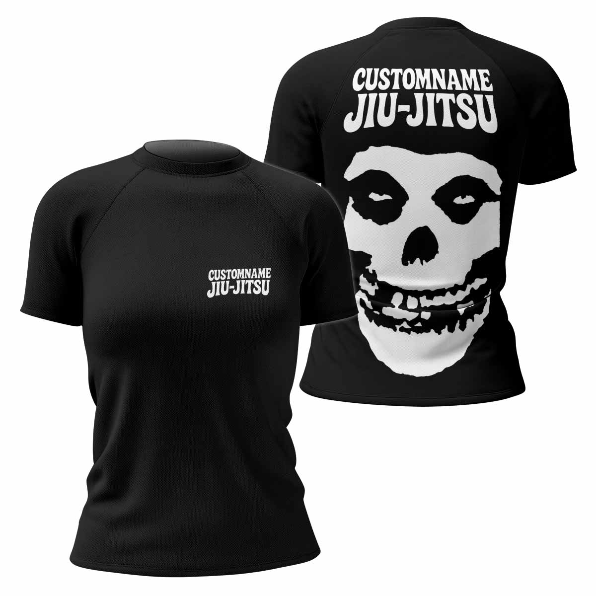 Custom Name Skull Jiu-Jitsu Women's Rash Guard Short Sleeve - front and back view