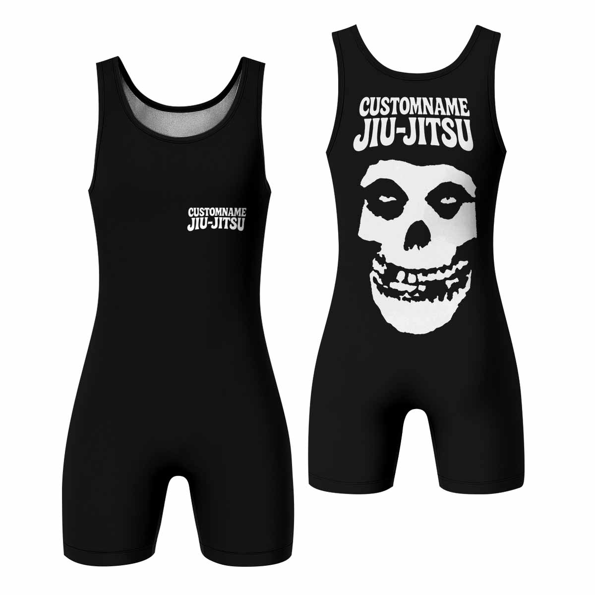 Custom Name Skull Jiu-Jitsu Wrestling Singlet - front and back view