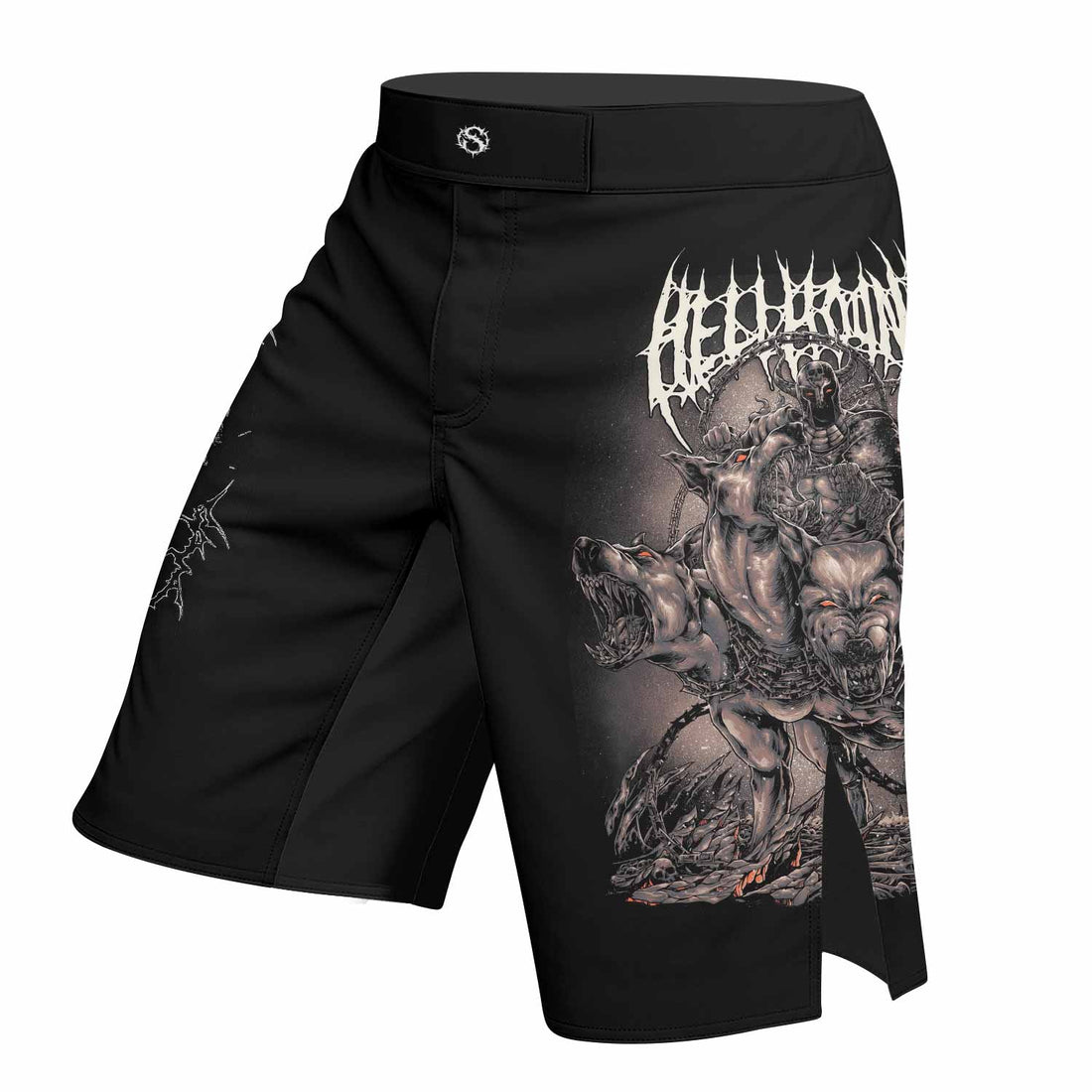 Dark Cerberus Unleashed Fight Shorts – right side mockup