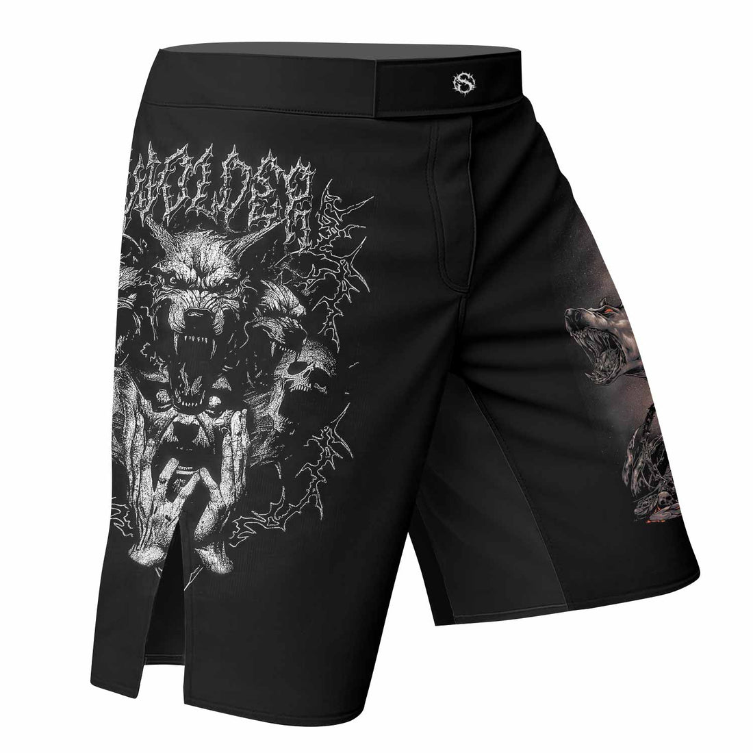 Dark Cerberus Unleashed Fight Shorts – right side mockup