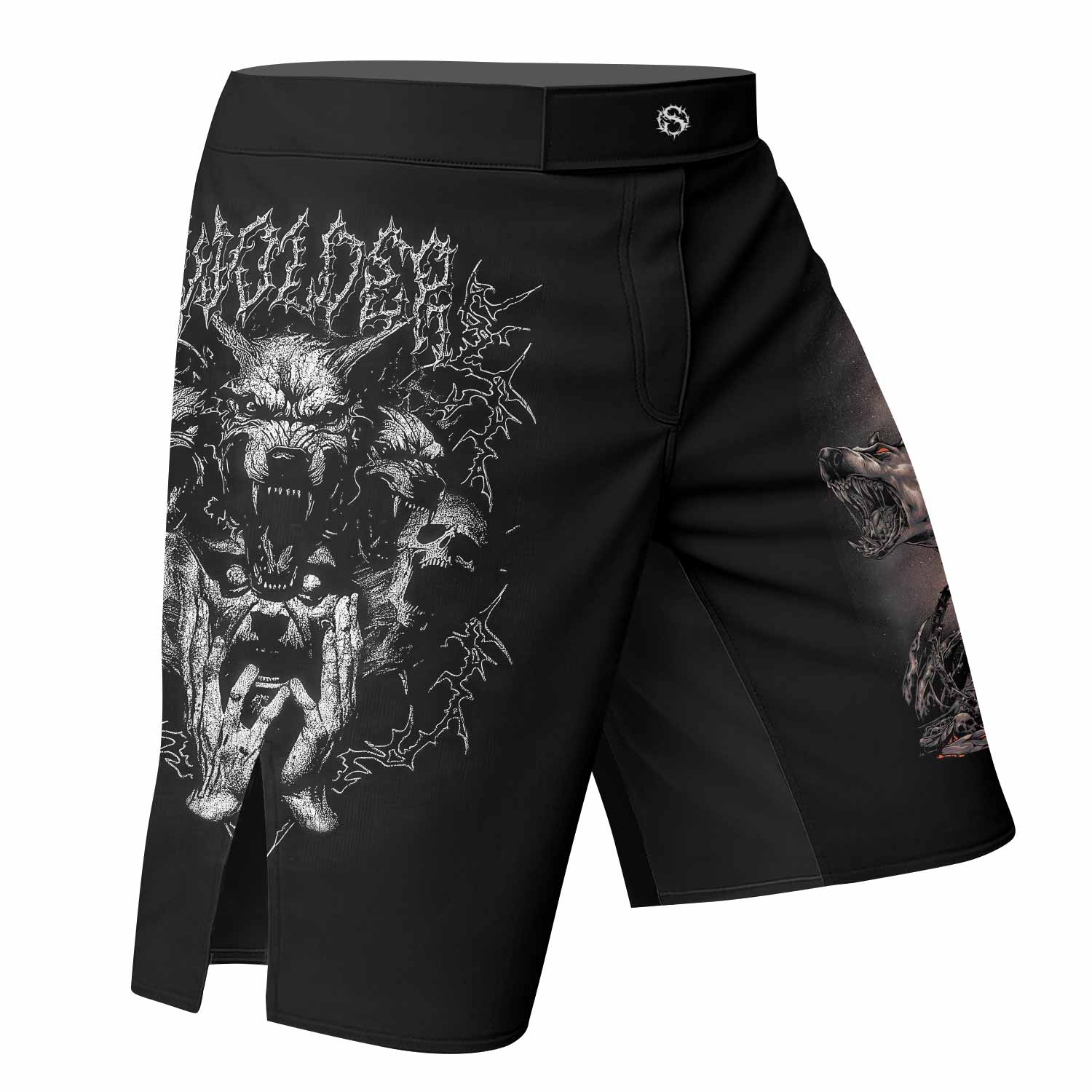 Dark Cerberus Unleashed Fight Shorts – right side mockup