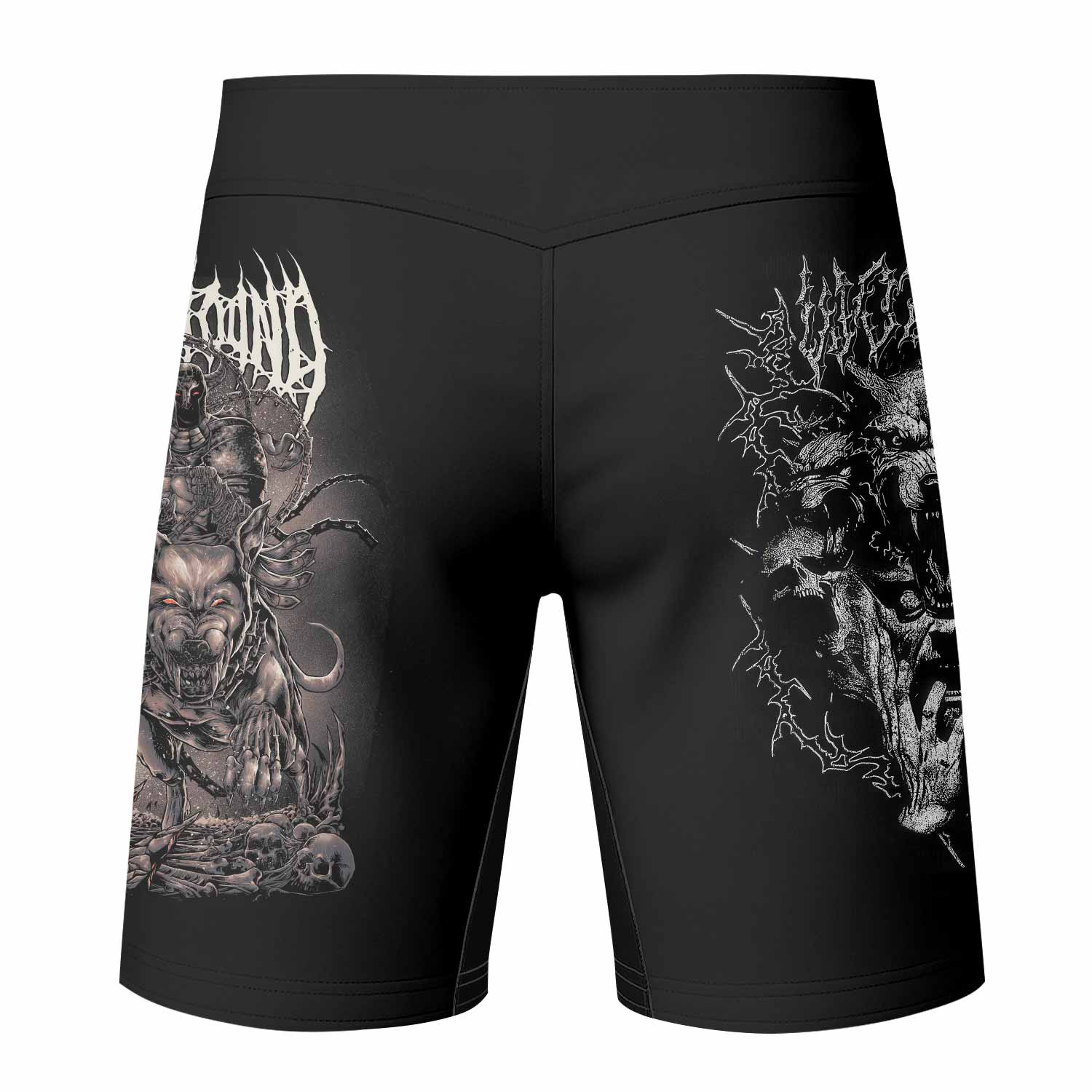 Dark Cerberus Unleashed Fight Shorts – back view mockup