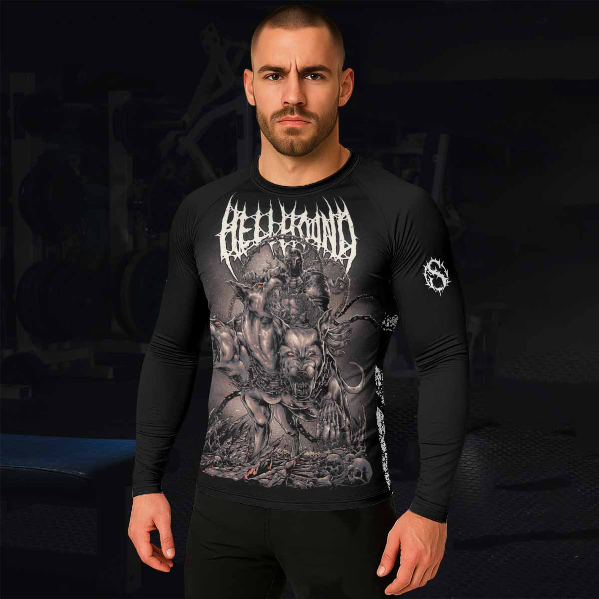 Dark Cerberus Unleashed Men's Rash Guard Long Sleeve – lifestyle view