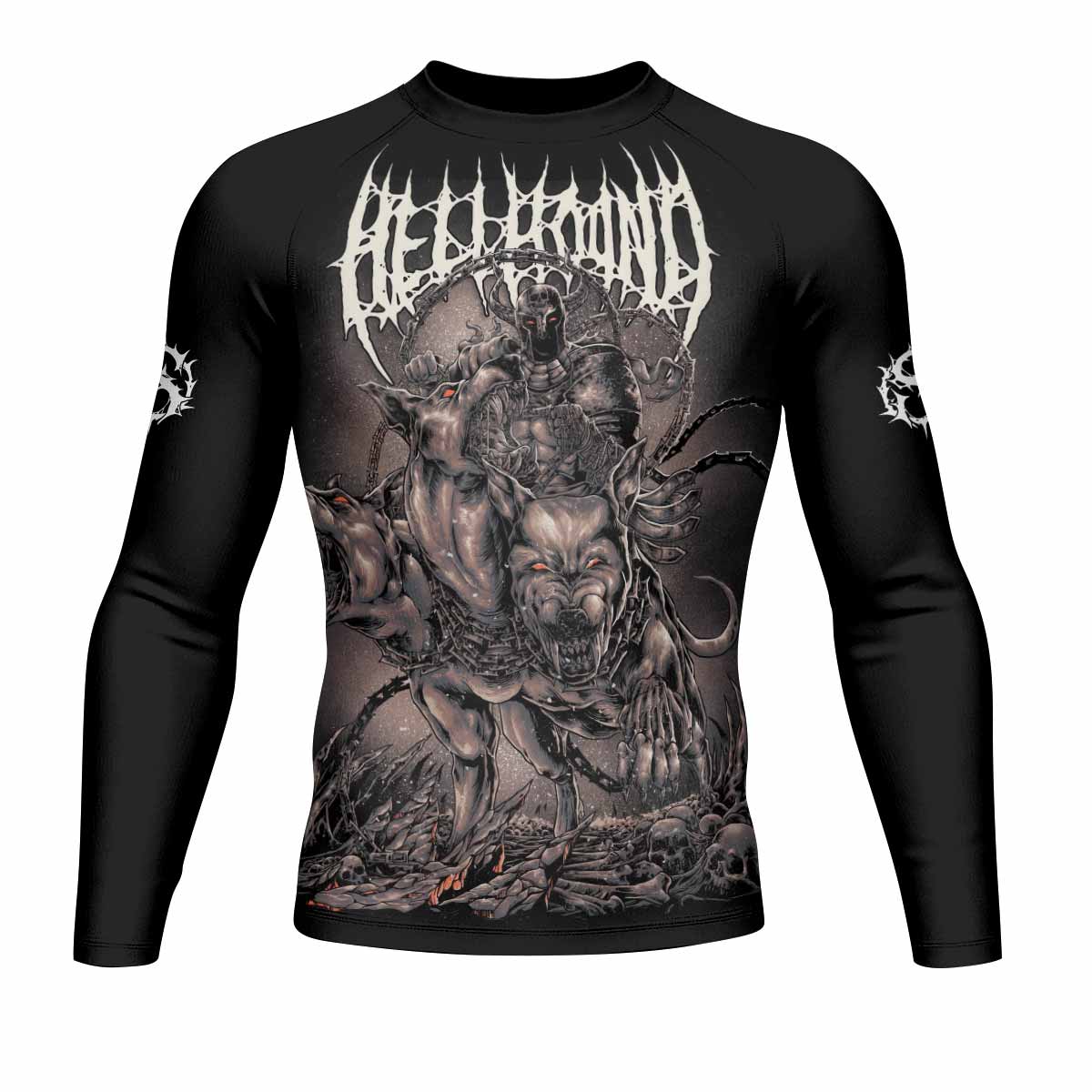 Dark Cerberus Unleashed Men's Rash Guard Long Sleeve – front view mockup 