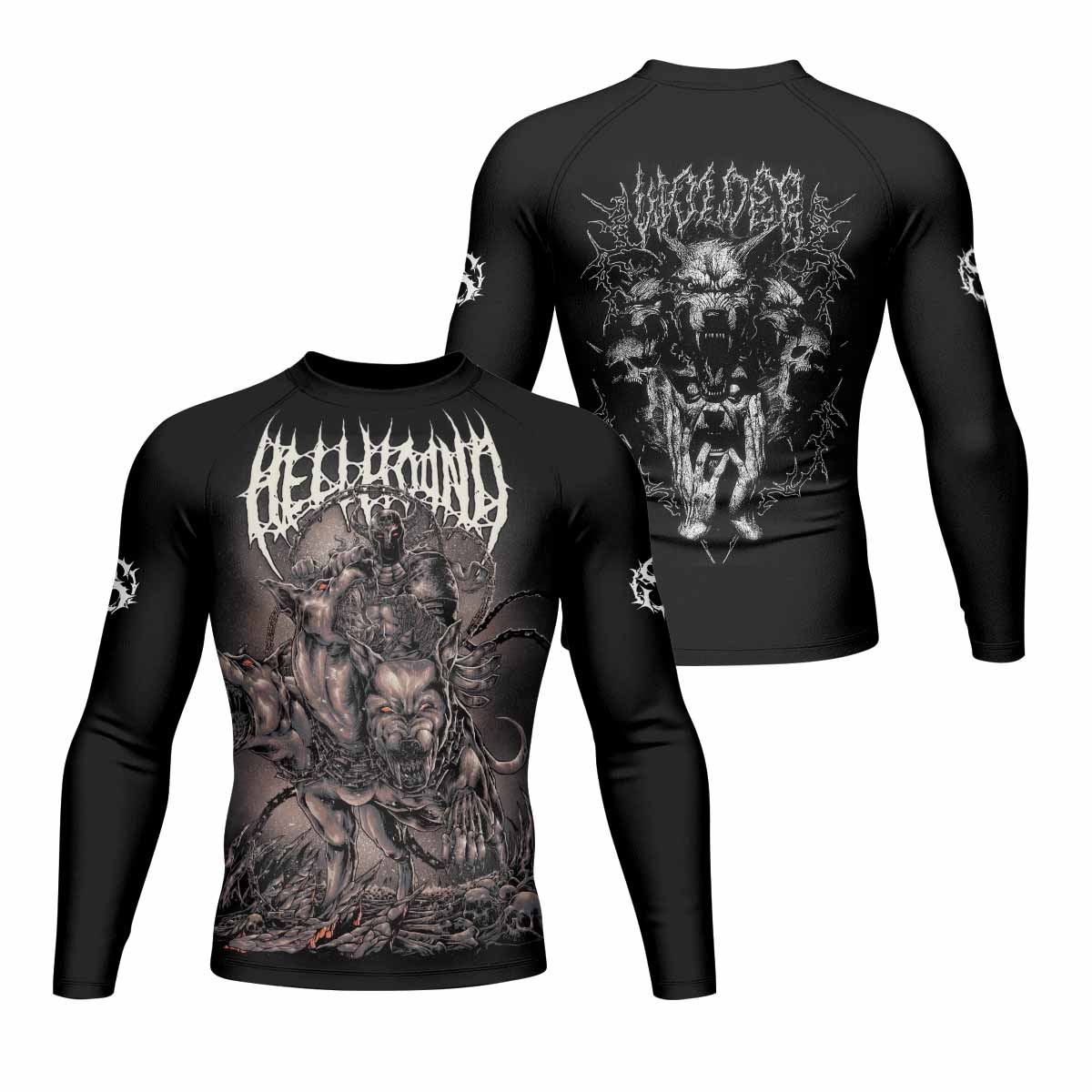 Dark Cerberus Unleashed Men's Rash Guard Long Sleeve – front and back view