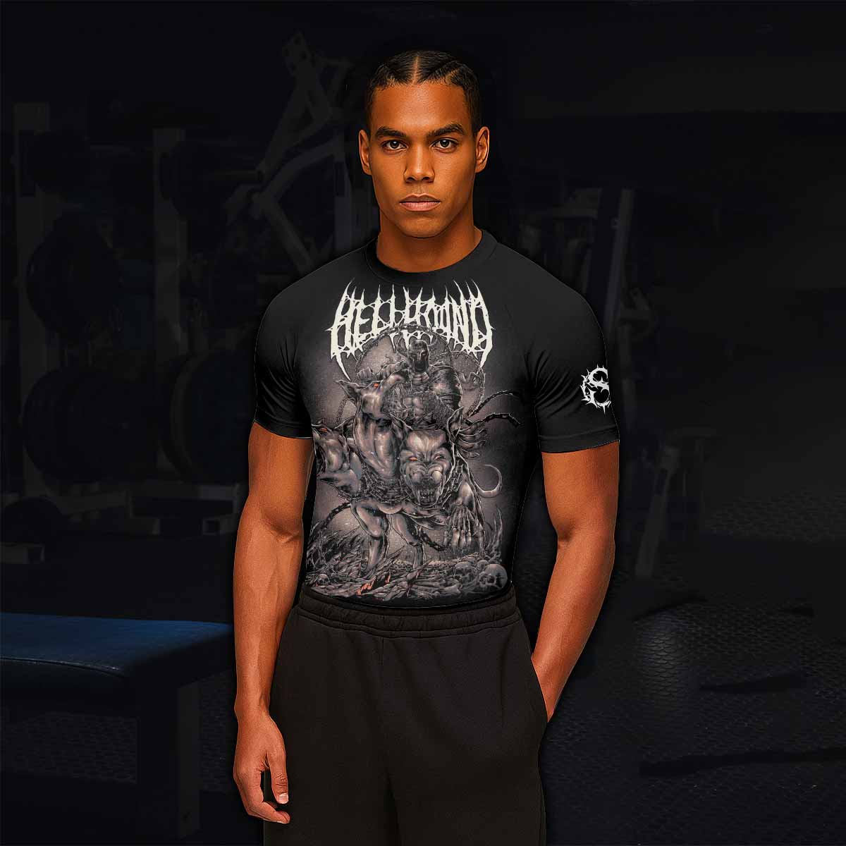 Dark Cerberus Unleashed Men's Rash Guard Short Sleeve – lifestyle view