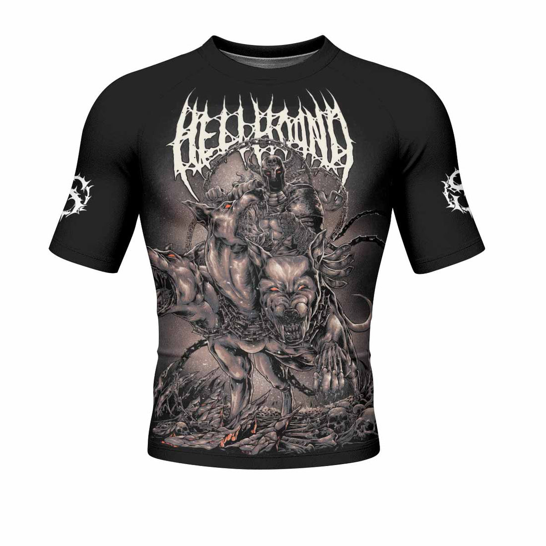 Dark Cerberus Unleashed Men's Rash Guard Short Sleeve – front and back view