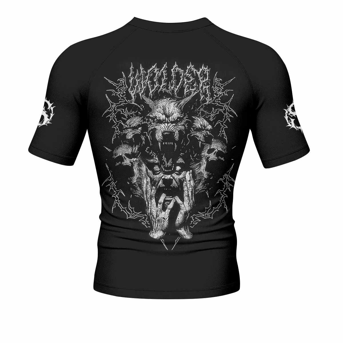 Dark Cerberus Unleashed Men's Rash Guard Short Sleeve – back view mockup 