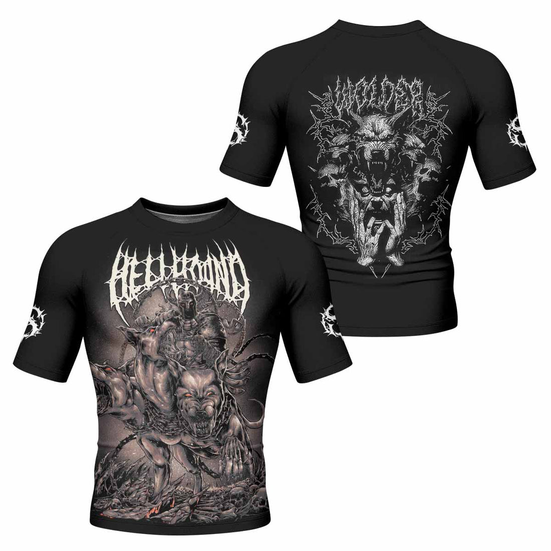 Dark Cerberus Unleashed Men's Rash Guard Short Sleeve – front and back view