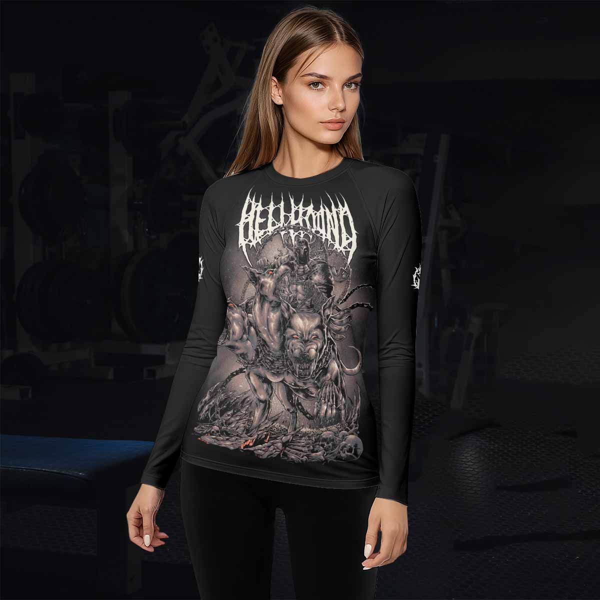 Dark Cerberus Unleashed Women's Rash Guard Long Sleeve – lifestyle view