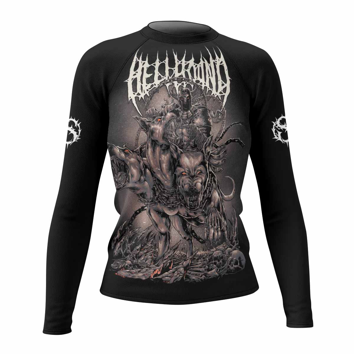 Dark Cerberus Unleashed Women's Rash Guard Long Sleeve – front view mockup 