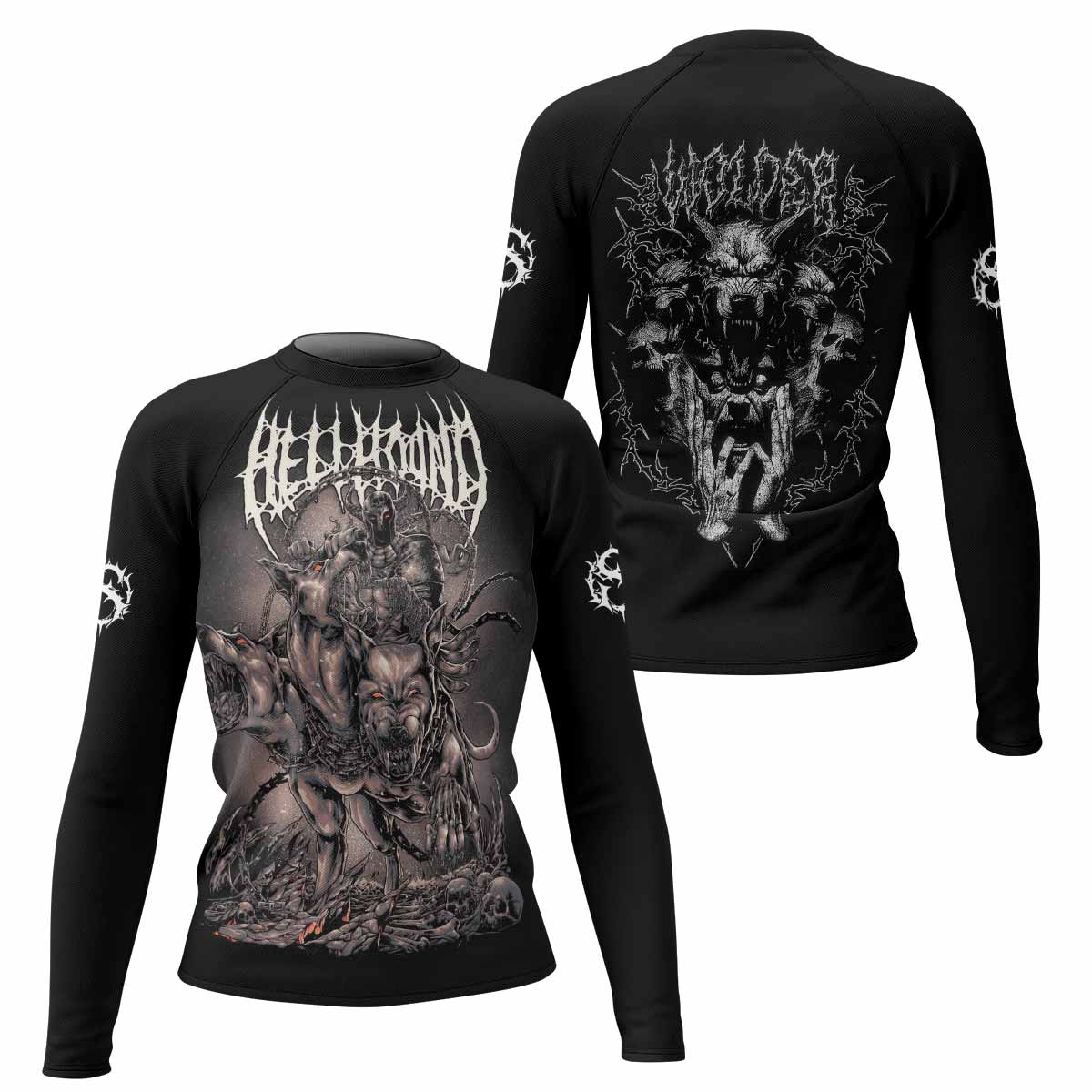 Dark Cerberus Unleashed Women's Rash Guard Long Sleeve – front and back view