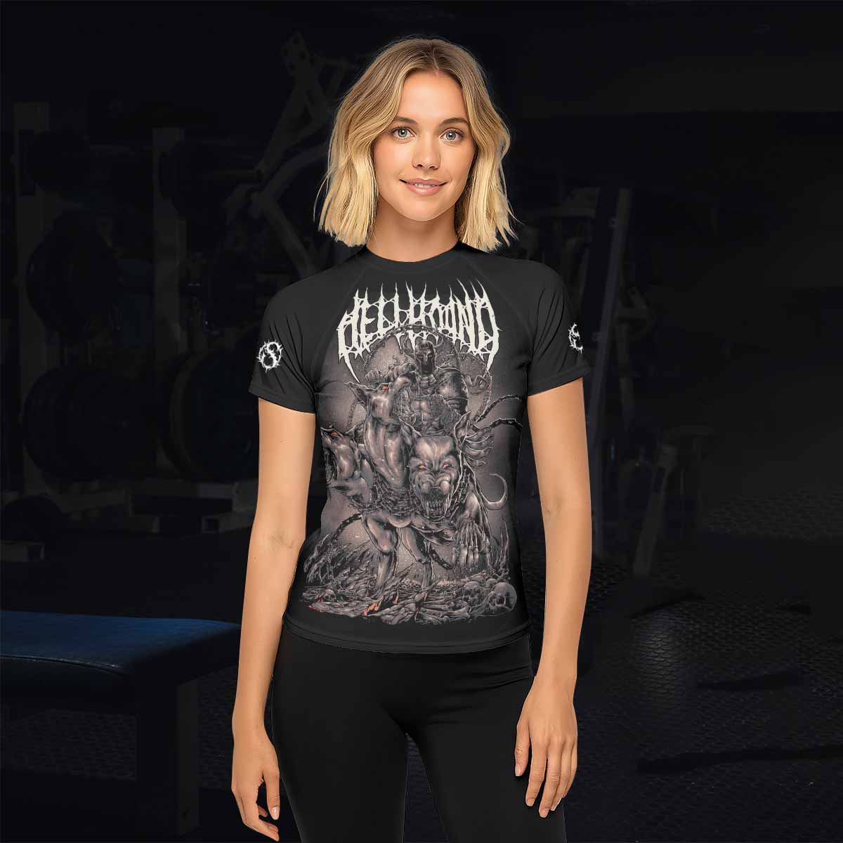 Dark Cerberus Unleashed Women's Rash Guard Short Sleeve – lifestyle view
