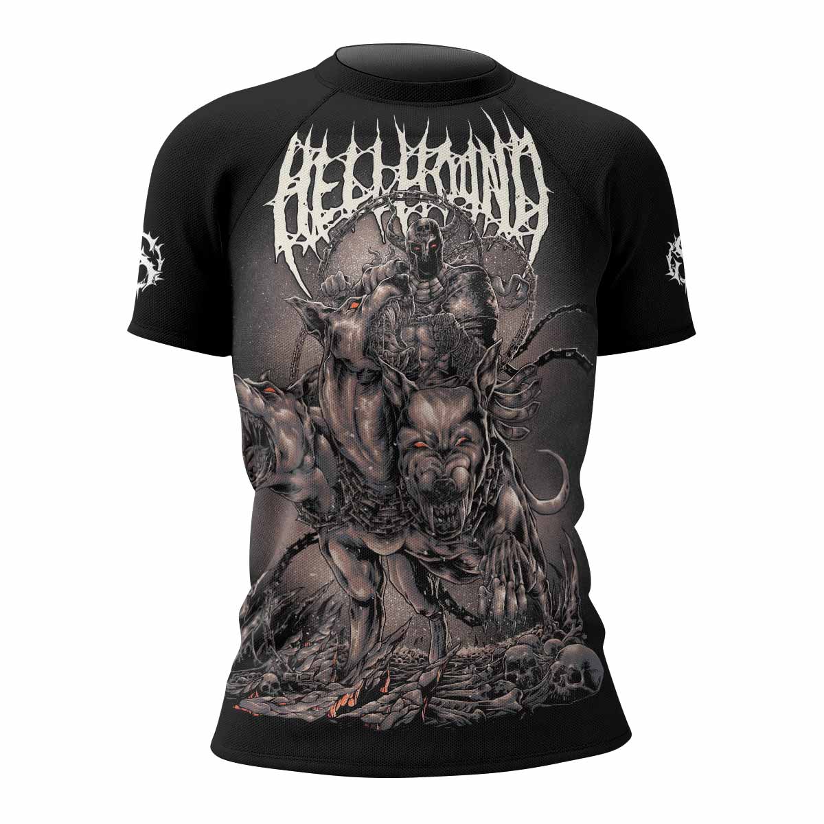 Dark Cerberus Unleashed Women's Rash Guard Short Sleeve – front view mockup 