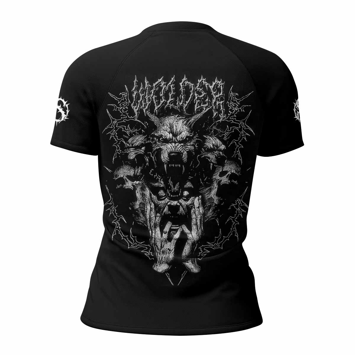 Dark Cerberus Unleashed Women's Rash Guard Short Sleeve – back view mockup 