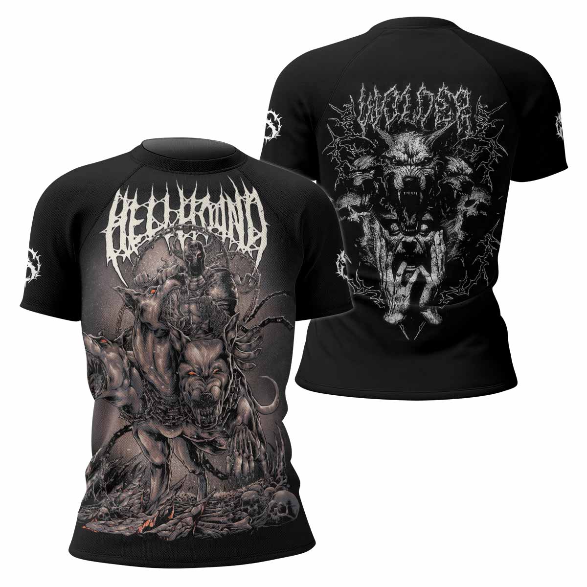 Dark Cerberus Unleashed Women's Rash Guard Short Sleeve – front and back view