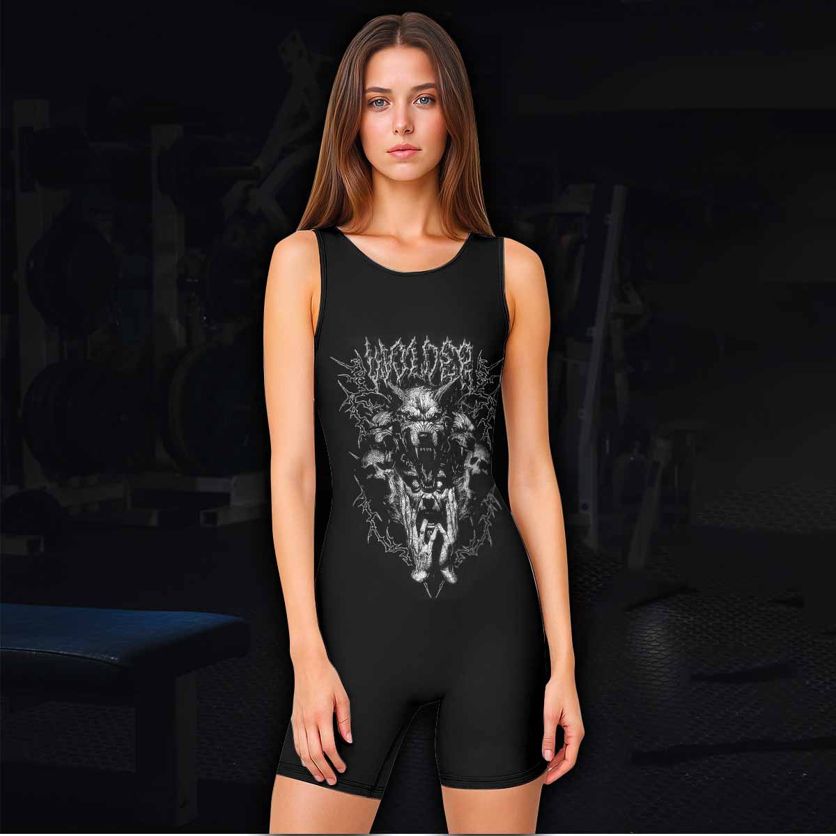 Dark Cerberus Unleashed Wrestling Singlet – women's lifestyle view