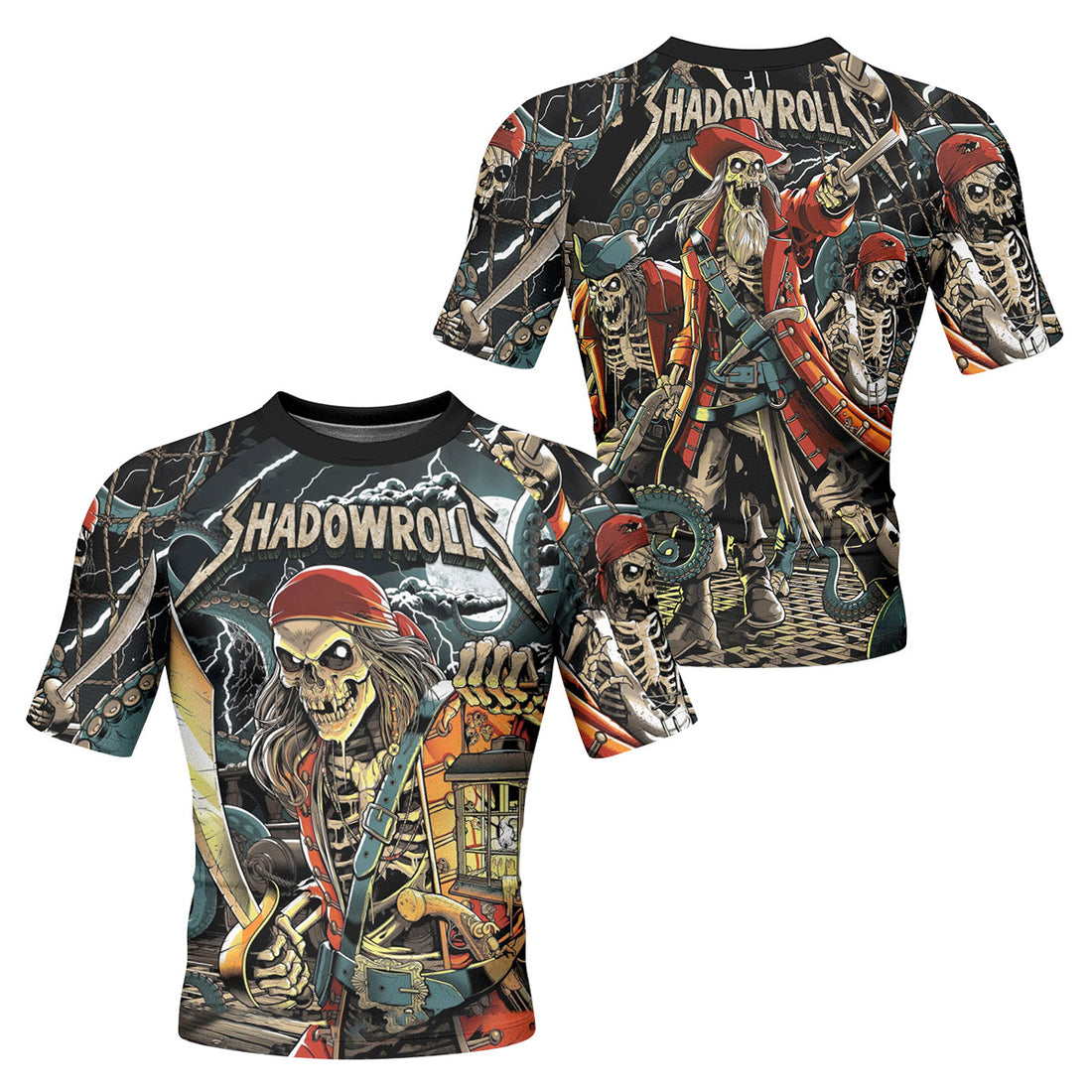 Dead Men Plunder Men's Rash Guard Short Sleeve – front and back view