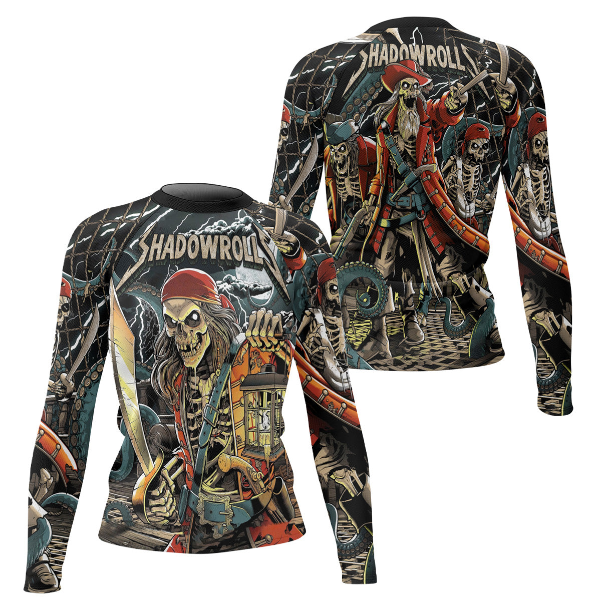 Dead Men Plunder Women's Rash Guard Long Sleeve – front and back view