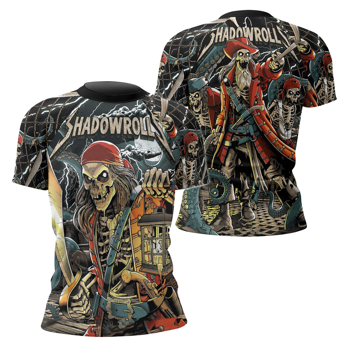 Dead Men Plunder Women's Rash Guard Short Sleeve – front and back view