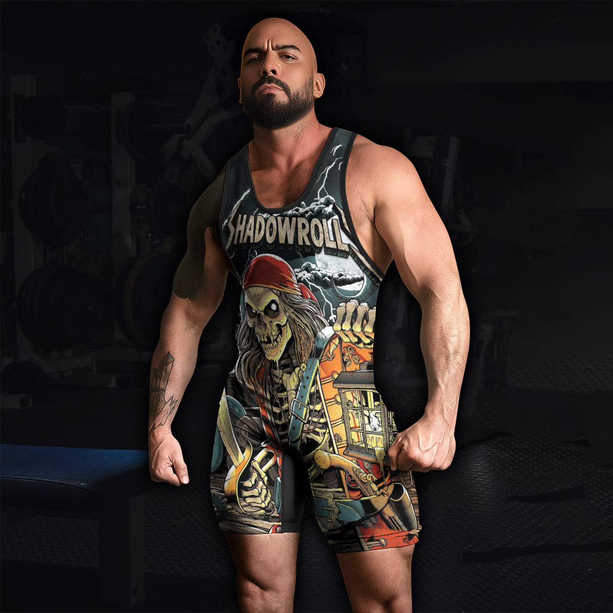 Dead Men Plunder Wrestling Singlet – men's lifestyle view