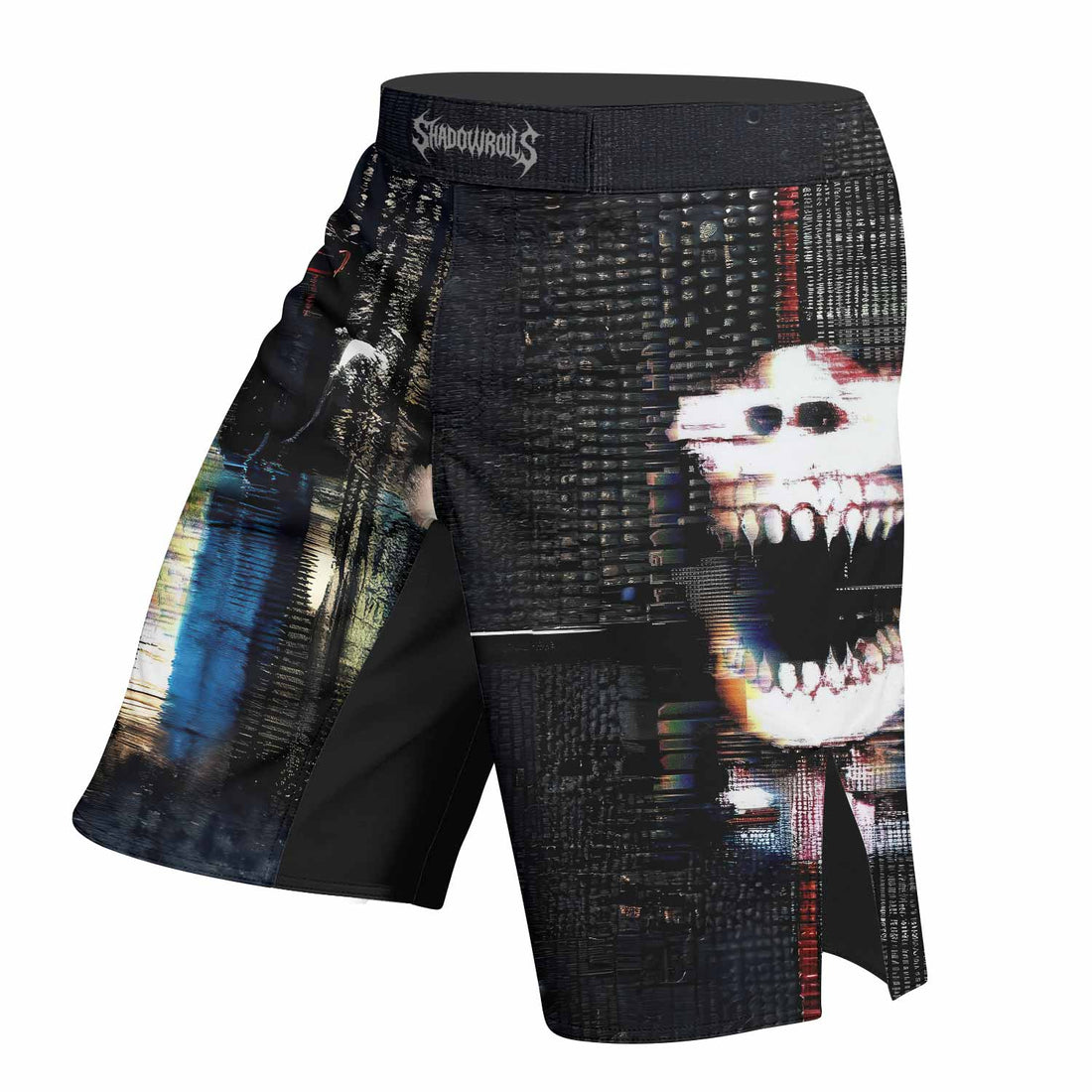 Digital Fear Protocol Fight Shorts - right side mockup