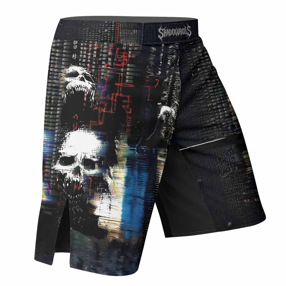 Digital Fear Protocol Fight Shorts - right side mockup