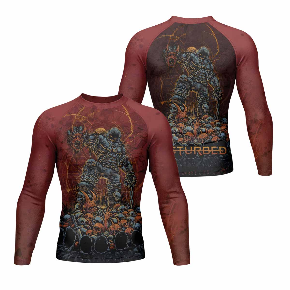 Disturbed Dominion Men’s Long Sleeve Rash Guard - front and back view