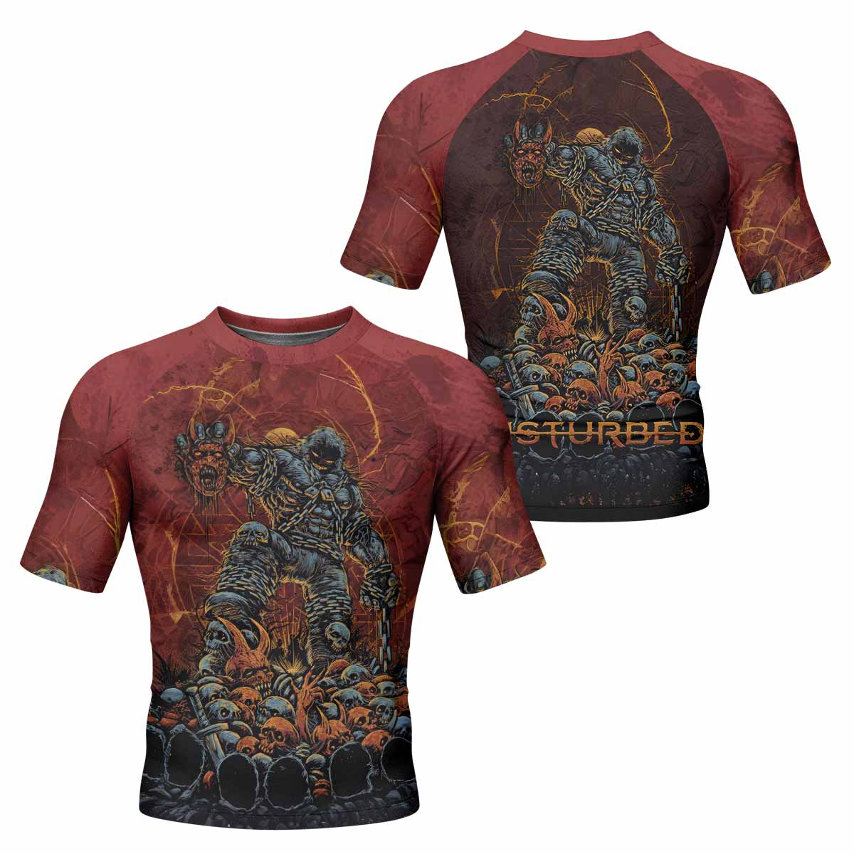 Disturbed Dominion Men’s Short Sleeve Rash Guard - front and back view