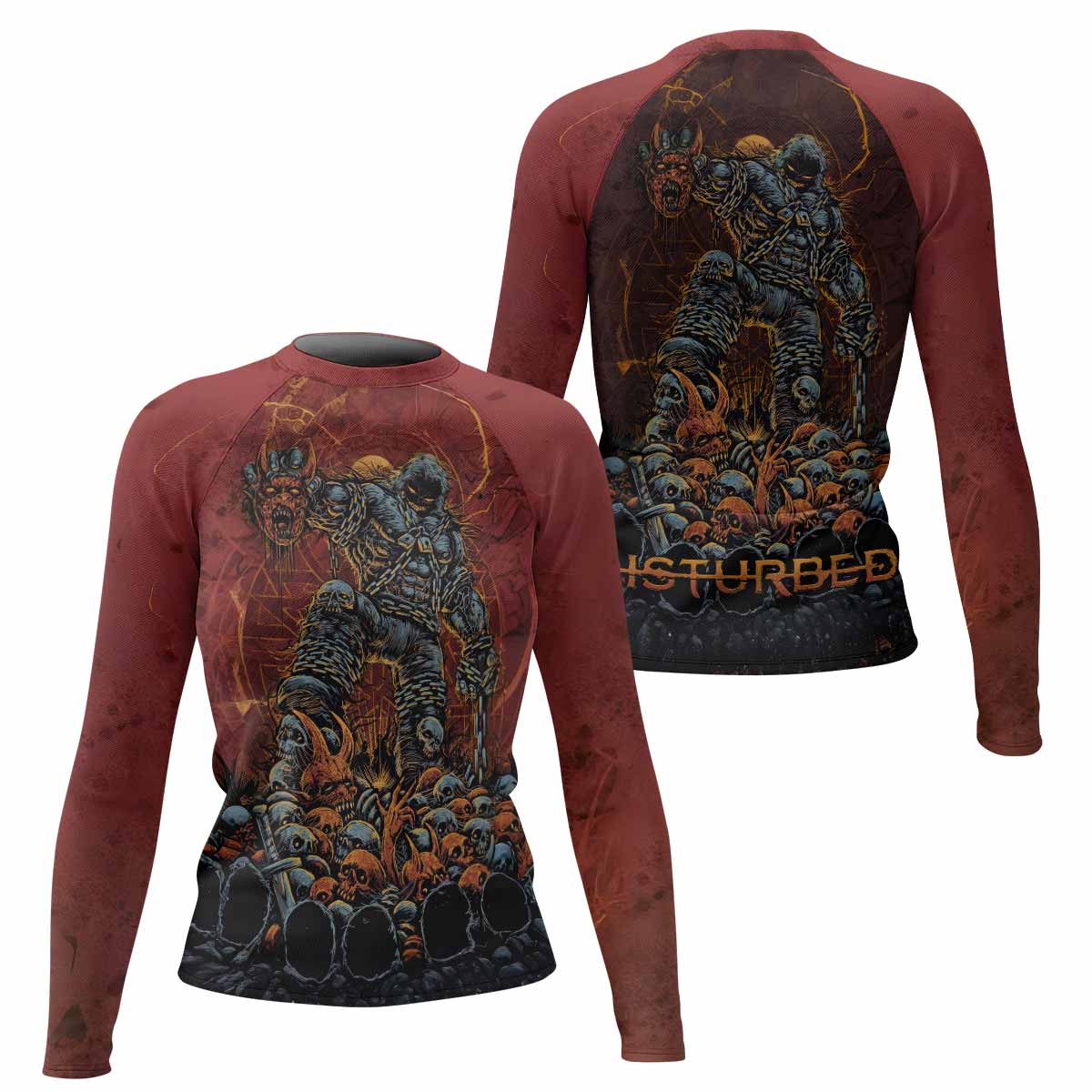 Disturbed Dominion Women’s Long Sleeve Rash Guard - front and back view