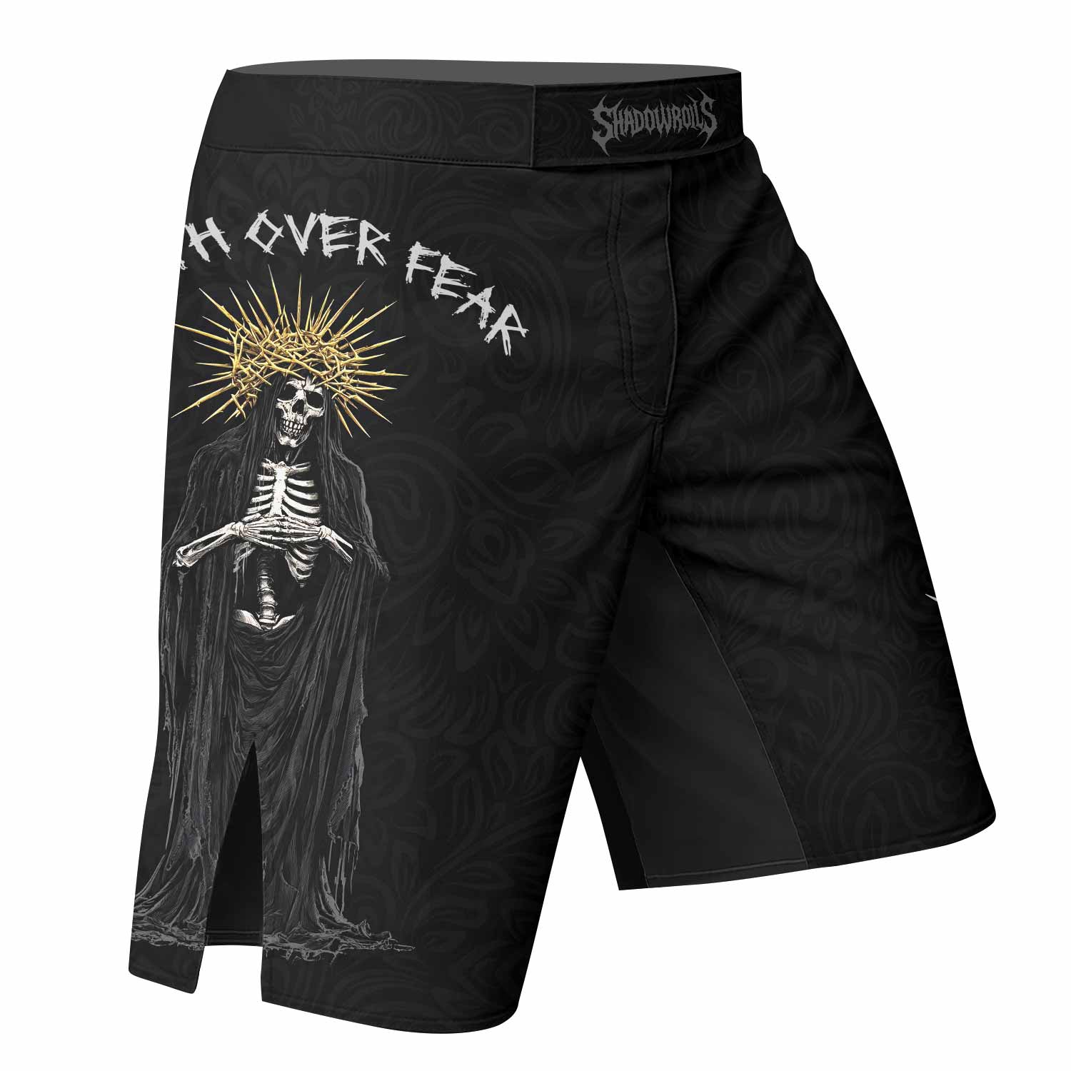 Faith Over Fear Dark Halo Fight Shorts - right side mockup