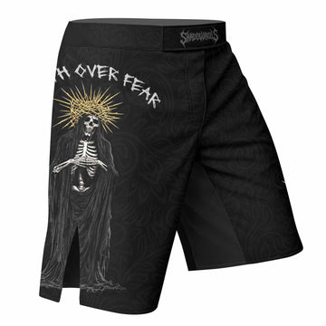 Faith Over Fear Dark Halo Fight Shorts - right side mockup