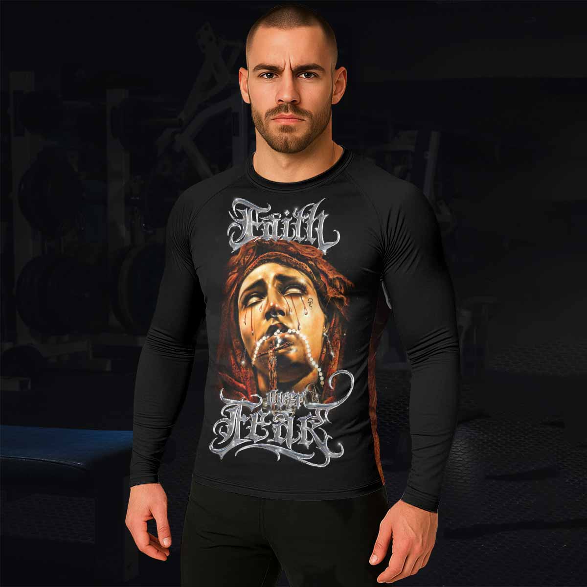 Faith Over Fear Men's Rash Guard Long Sleeve – lifestyle view