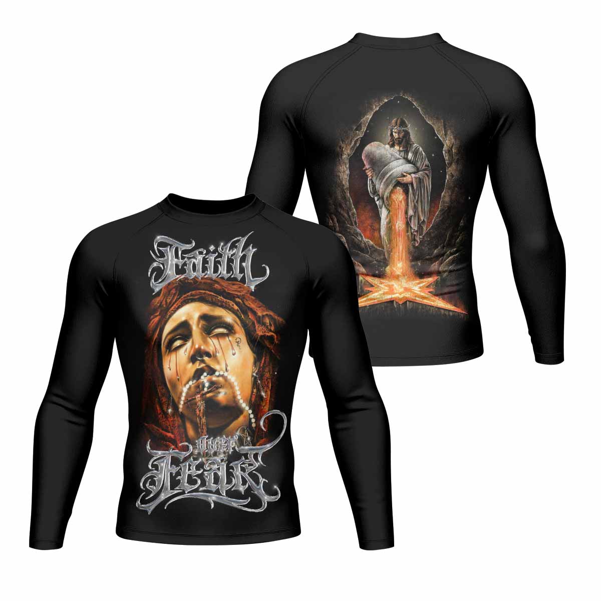 Faith Over Fear Men's Rash Guard Long Sleeve – front and back view