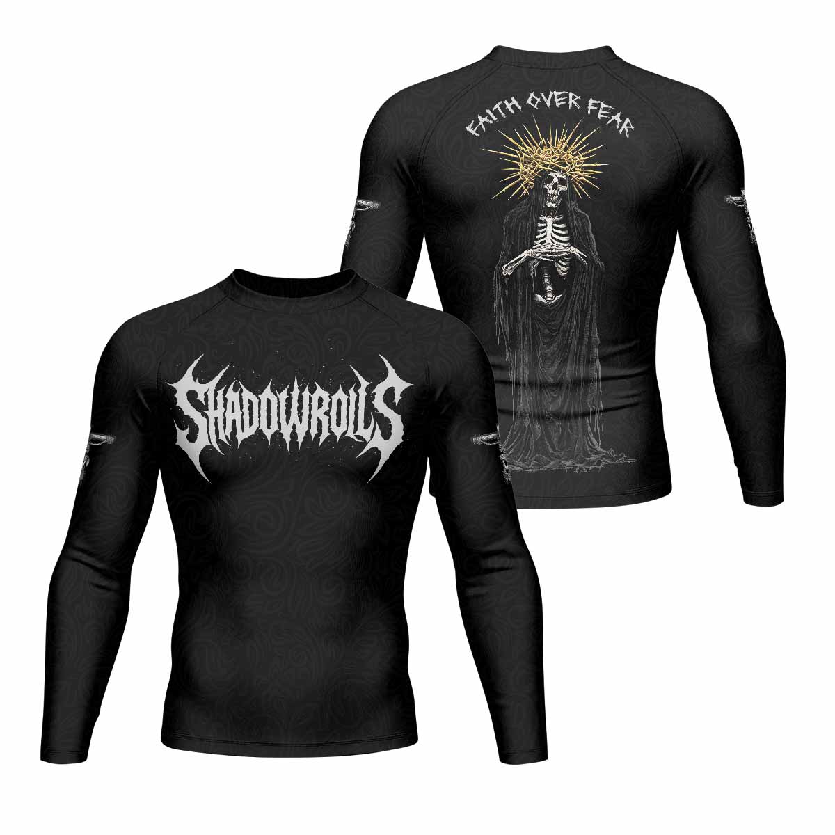 Faith Over Fear Dark Halo Men's Rash Guard Long Sleeve - front and back view